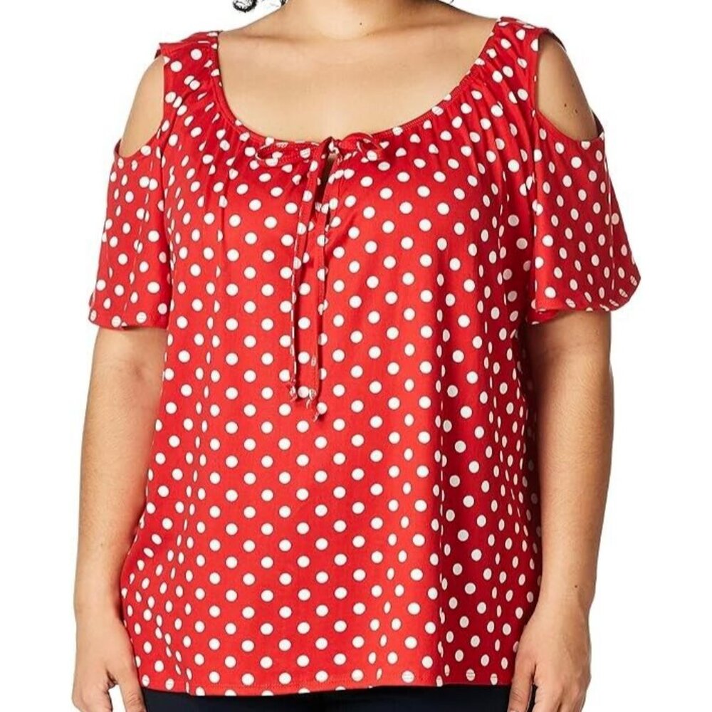 Star Vixen Women's Plus-Size Short Sleeve Cold-Shoulder Peasant Red Dot 2X